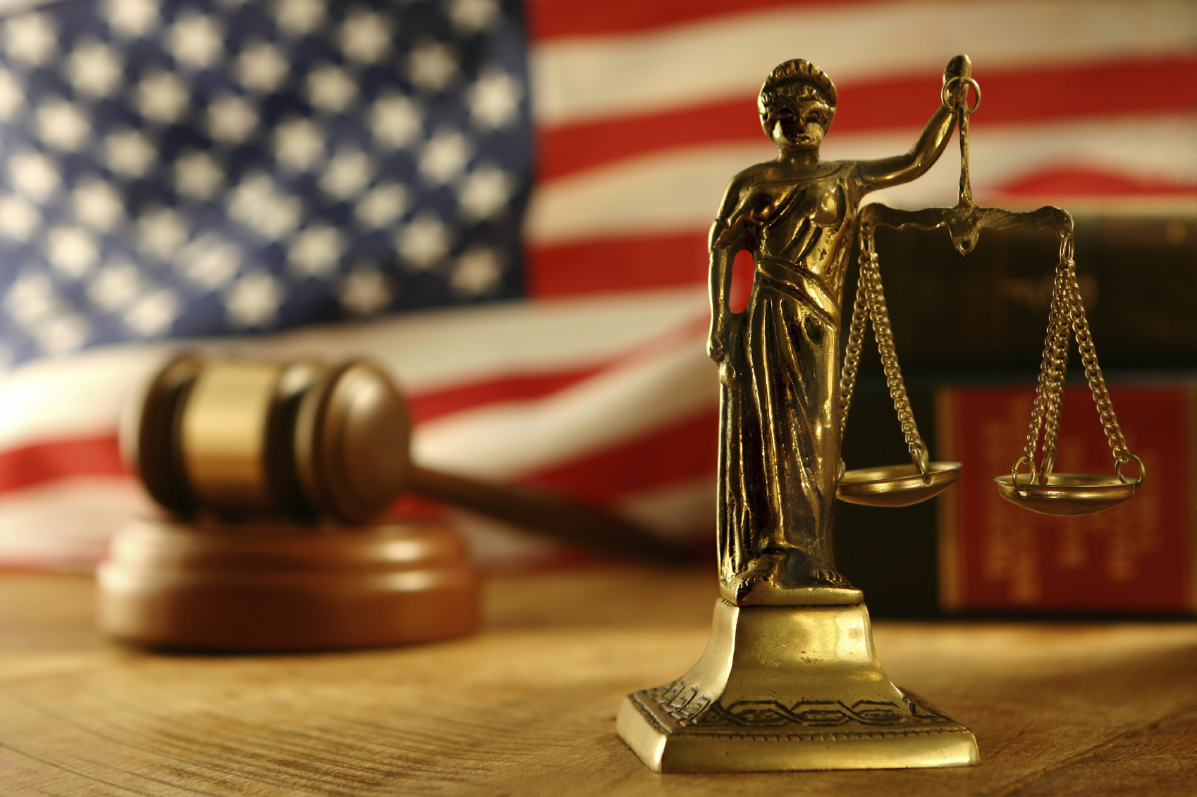 Scale of Justice and gavel Scale of Justice, gavel and American Flag