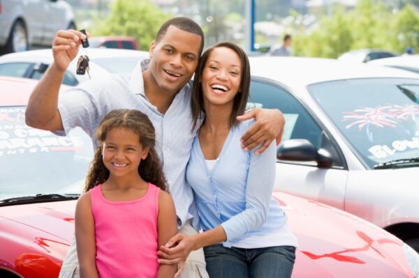 Happy family bought a car Happy family bought a red car