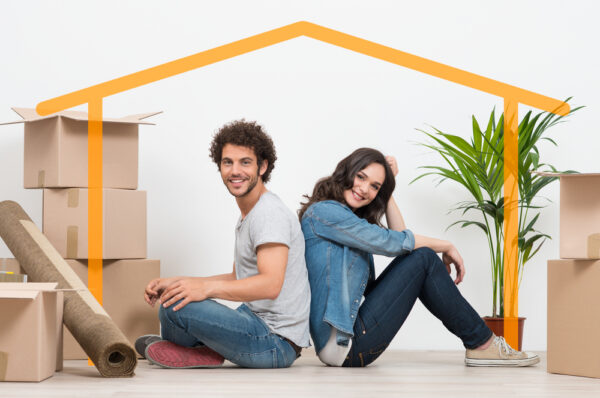 A happy couple imagining home A happy couple imagining to buy their own home